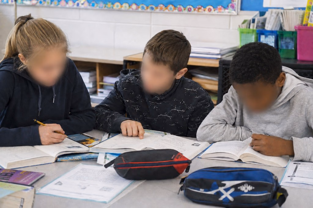 Begeleider en leerling kijken samen in een werkboek